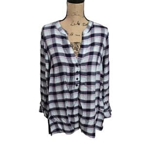 Lane Bryant Plaid Metallic Shimmer Split Neck Blouse Navy Blue Pink 10/12 Large